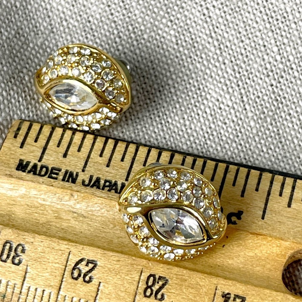 Napier gold tone and rhinestone pierced earrings - 80s vintage - Picture 5 of 5